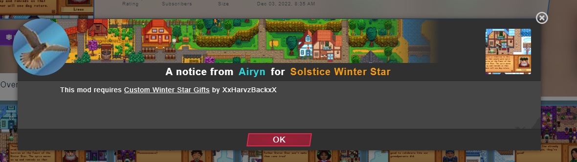 A popup with a message from the mod author telling the user that the mod they are downloading requires another mod to run. 